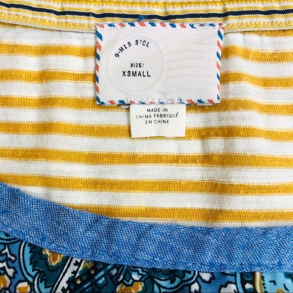 Y2k Anthropologie Postage Stamp Mix Media Popover Top Yellow Blue Paisley Print - Picture 12 of 16